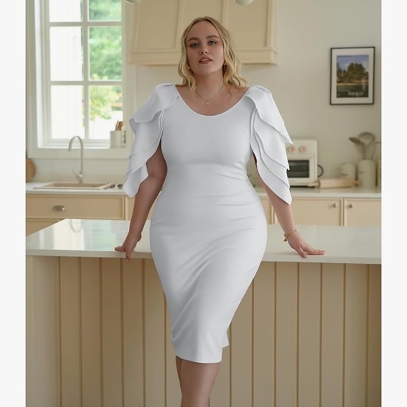 Womens Elegant Ruffle Off the Shoulder Zipper Empire Midi Cocktail Dress White L - Picture 5 of 7